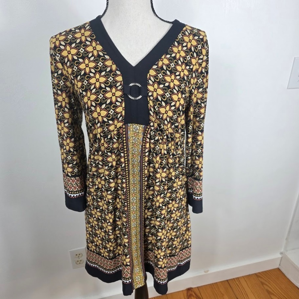 Style & Co Floral Tunic Dress Womens Small Black Yellow Retro V-Neck Ring